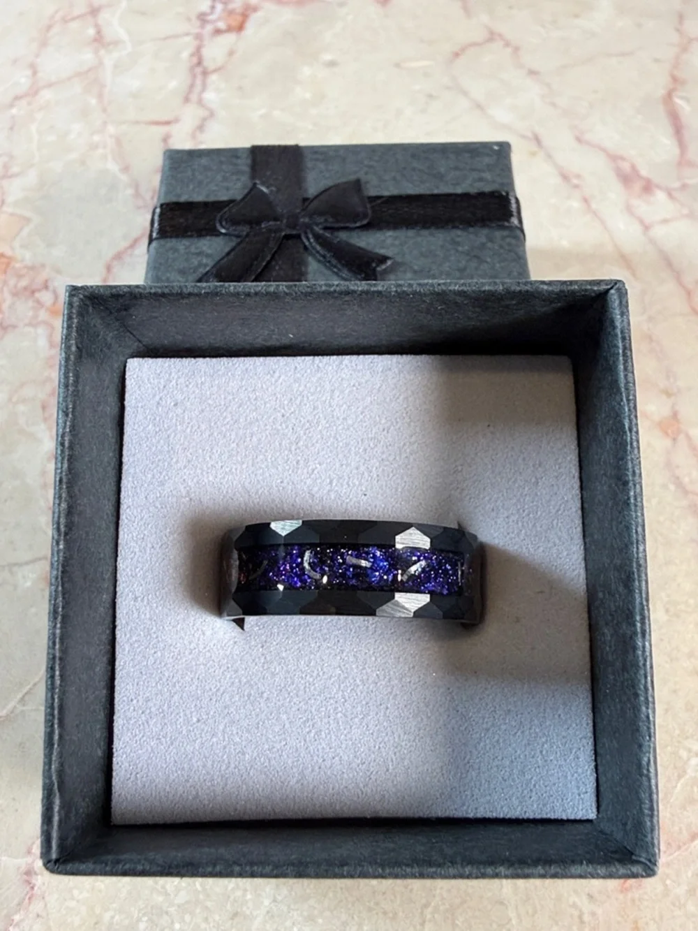 Tungsten Carbide Black Ring with Purple Inlay, Size 10